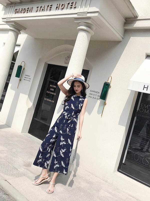 VW12266 Crane Print Jumpsuit As Picture