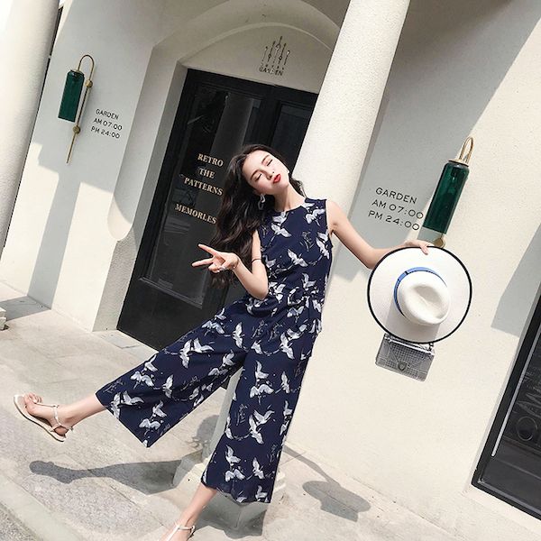 VW12266 Crane Print Jumpsuit As Picture