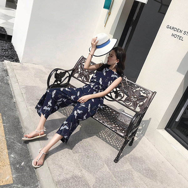 VW12266 Crane Print Jumpsuit As Picture