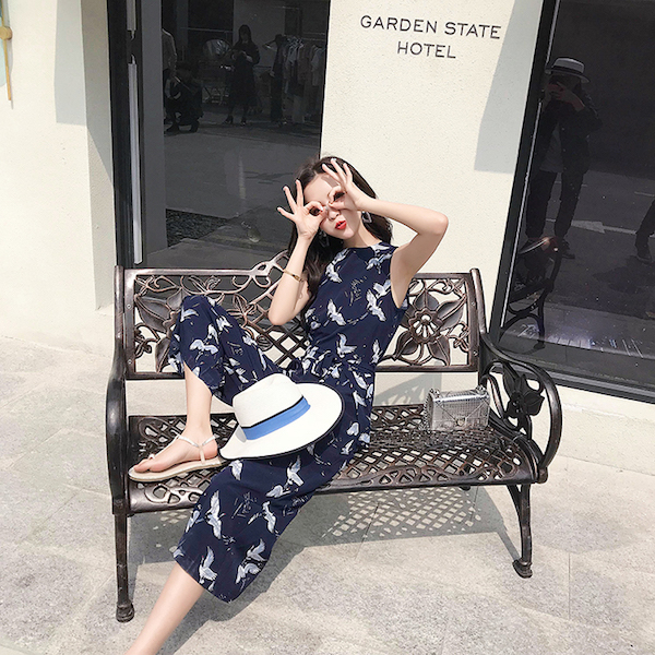 VW12266 Crane Print Jumpsuit As Picture