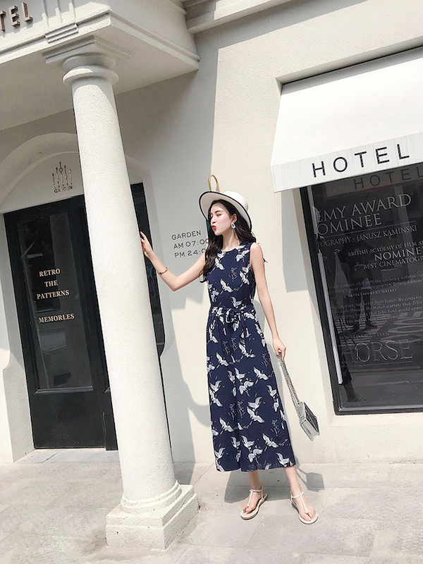 VW12266 Crane Print Jumpsuit As Picture