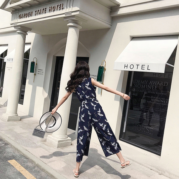 VW12266 Crane Print Jumpsuit As Picture