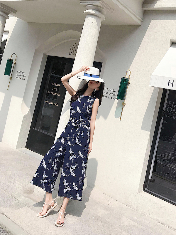 VW12266 Crane Print Jumpsuit As Picture