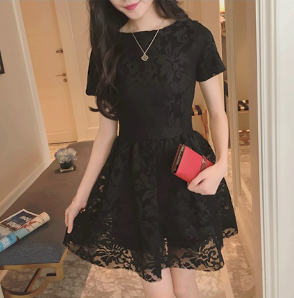WD21502 Ruffle Lace Dress Black