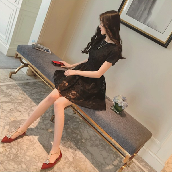 WD21502 Ruffle Lace Dress Black