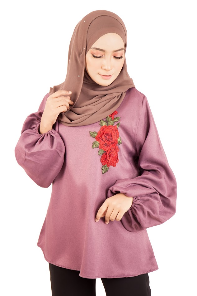 QA-398 Women Floral Embroidery Blouse Dust Purple