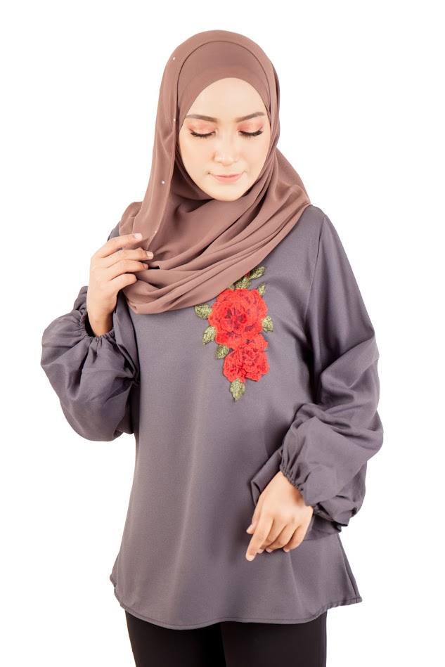 QA-398 Women Floral Embroidery Blouse Grey