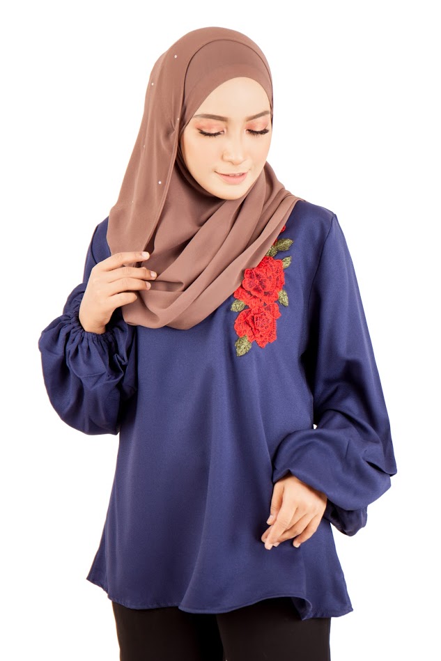 QA-398 Women Floral Embroidery Blouse Navy Blue