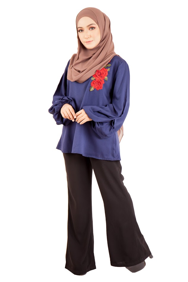 QA-398 Women Floral Embroidery Blouse Navy Blue