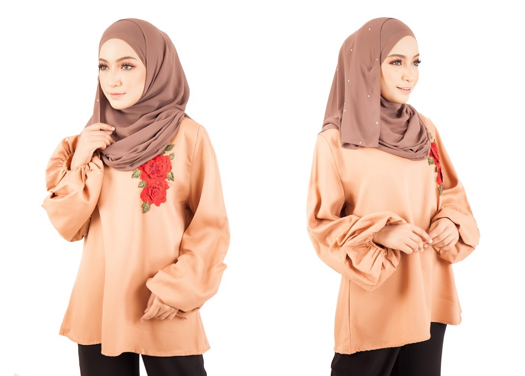 QA-398 Women Floral Embroidery Blouse Beige