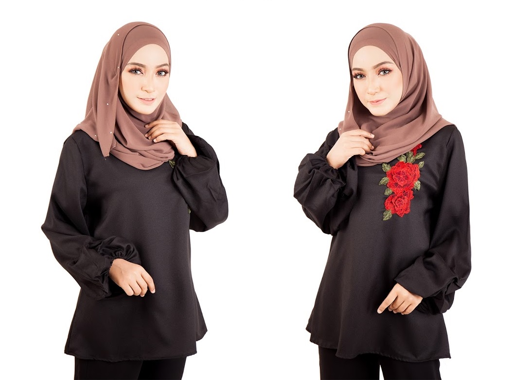 QA-398 Women Floral Embroidery Blouse Black