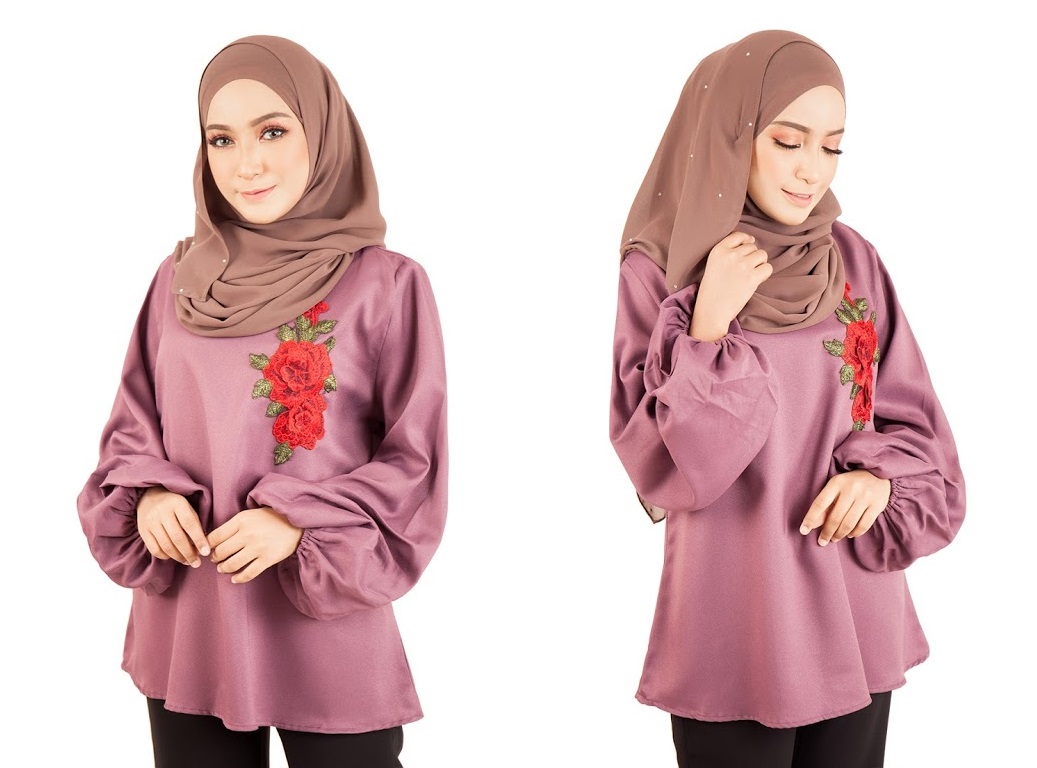 QA-398 Women Floral Embroidery Blouse Dust Purple