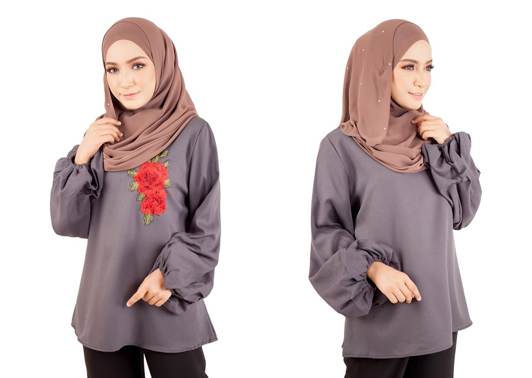 QA-398 Women Floral Embroidery Blouse Grey