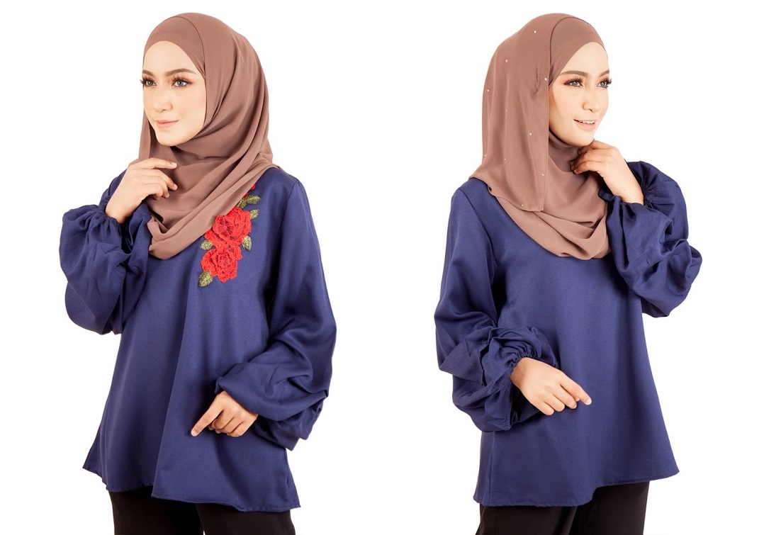 QA-398 Women Floral Embroidery Blouse Navy Blue