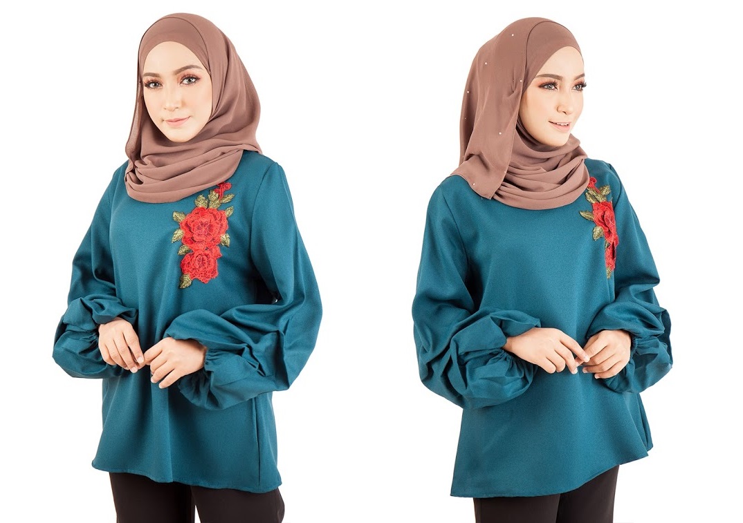 QA-398 Women Floral Embroidery Blouse Ocean Green