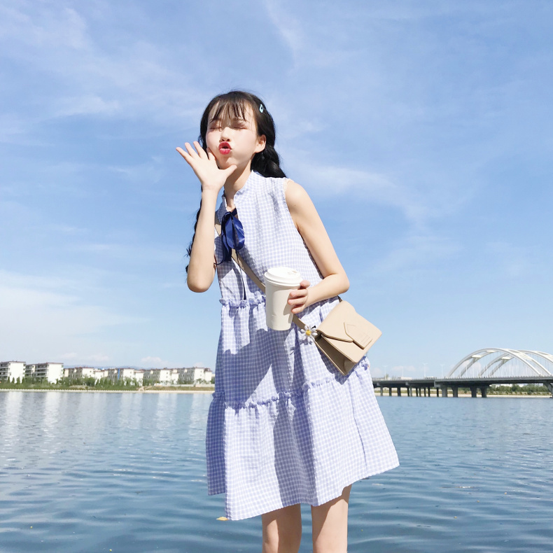 VW12295 Sweet Checker Dress Blue