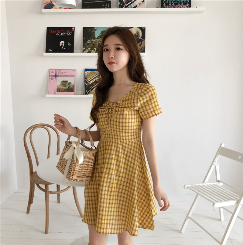 VW12296 Vintage Checker Dress Yellow