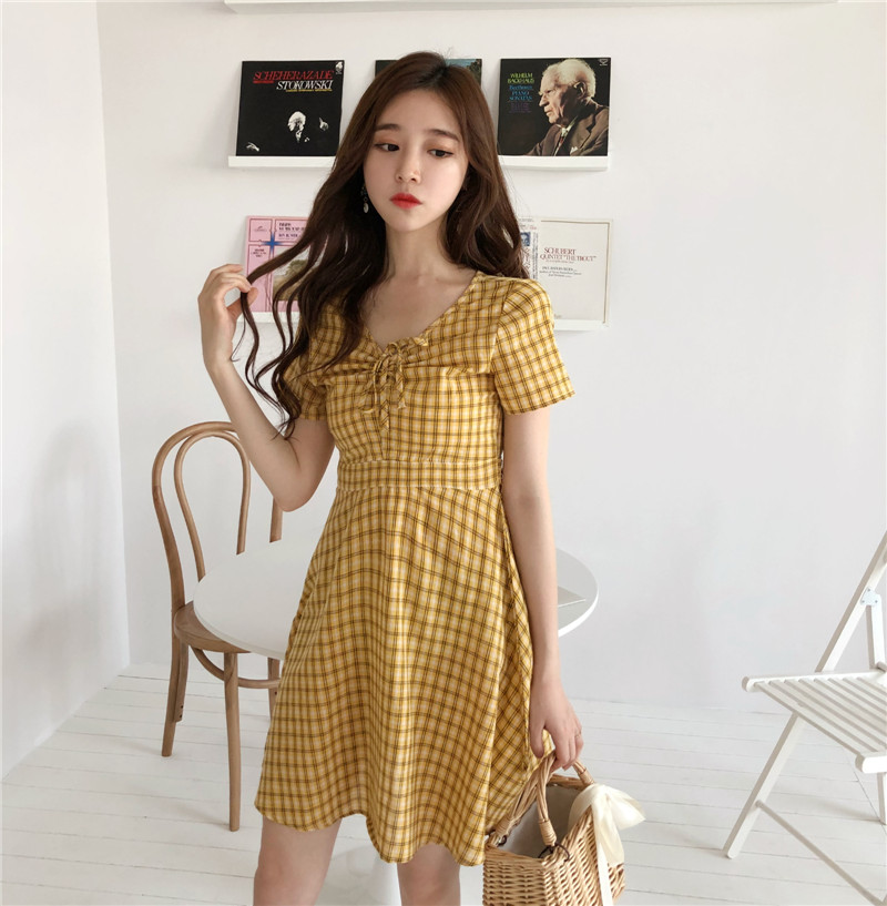 VW12296 Vintage Checker Dress Yellow