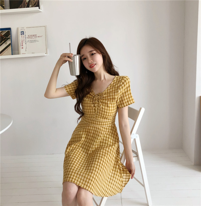 VW12296 Vintage Checker Dress Yellow