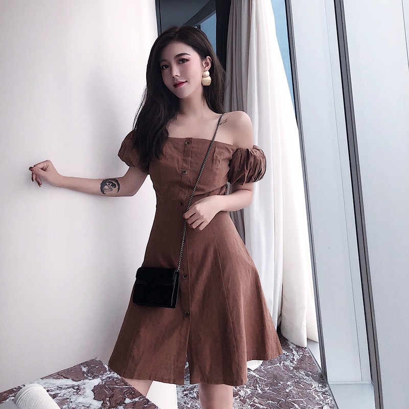 VW12315 Sexy Off Shoulder Dress Brown