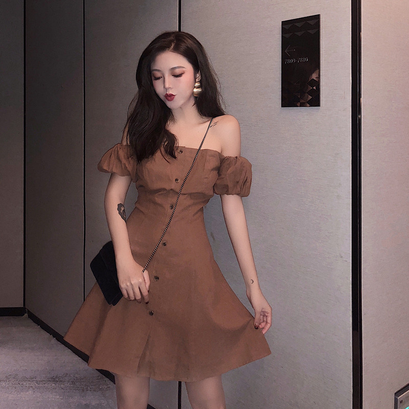 VW12315 Sexy Off Shoulder Dress Brown