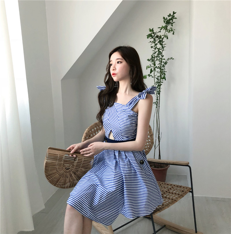 VW12318 Stylish Stripe Dress Blue