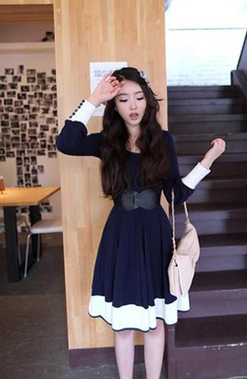 WD7621 Women Casual Dress Dark Blue