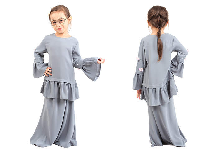 QA-428 Cute Kids Peplum Baju Kurung Grey