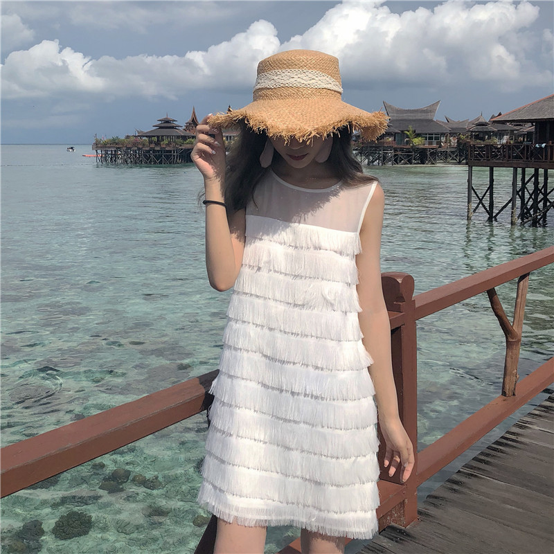 VW12335 Unique Tassel Dress White