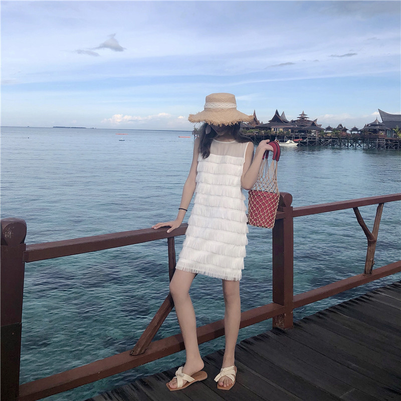 VW12335 Unique Tassel Dress White