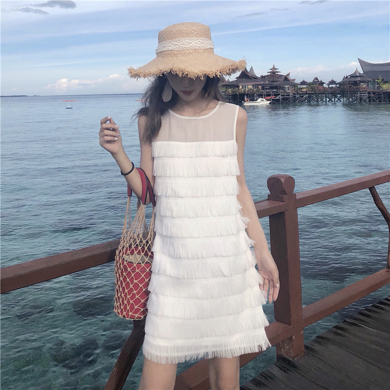 VW12335 Unique Tassel Dress White