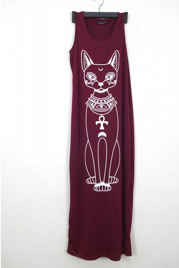 WD21541 Cat Printed Dress Maroon