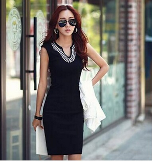 WD21559 Sequin Neck Bodycon Dress Black