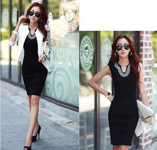 WD21559 Sequin Neck Bodycon Dress Black