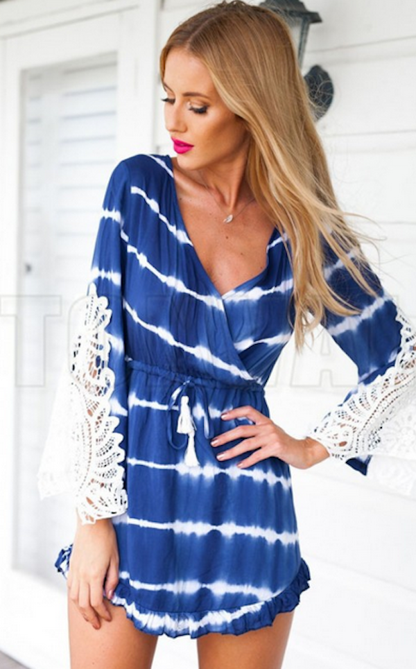 WD21581 Europe Drawstring Dress Blue