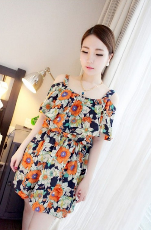 WD21599 Ruffle Floral Dress Orange