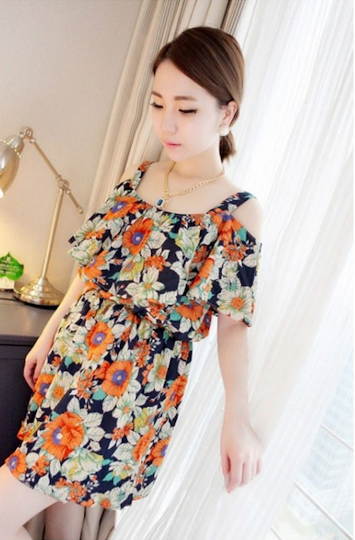WD21599 Ruffle Floral Dress Orange