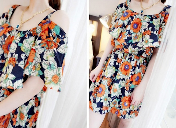WD21599 Ruffle Floral Dress Orange