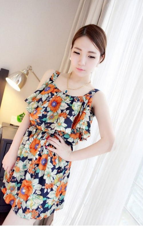 WD21599 Ruffle Floral Dress Orange