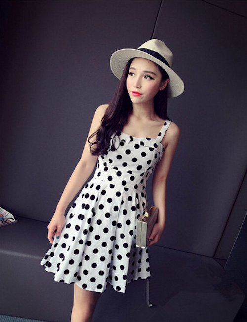 WD21621  Polka Dot Back Ribbon Dress White