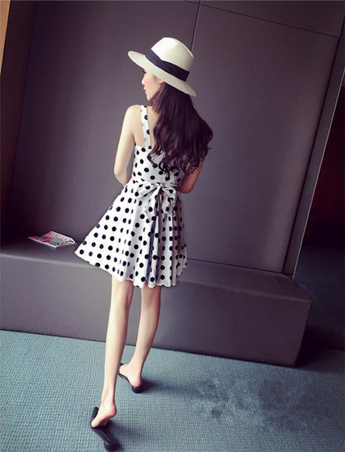 WD21621  Polka Dot Back Ribbon Dress White