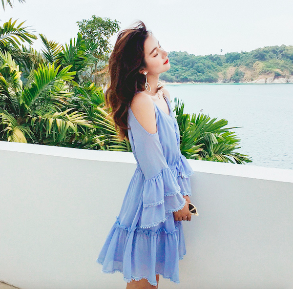 WD7643 Ruffle Cold Shoulder Dress Light Blue