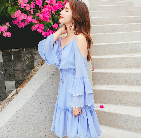 WD7643 Ruffle Cold Shoulder Dress Light Blue