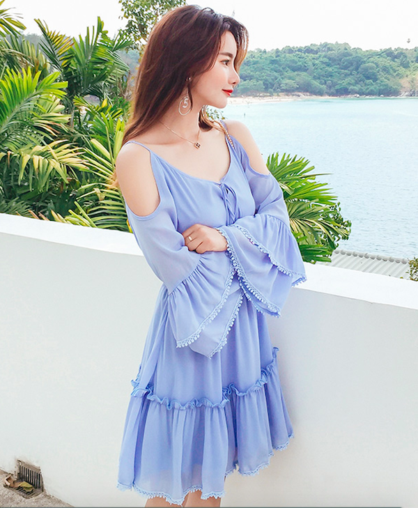 WD7643 Ruffle Cold Shoulder Dress Light Blue
