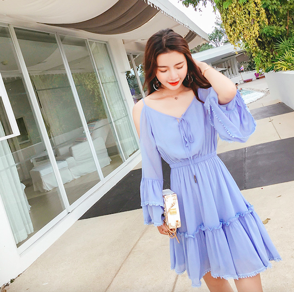 WD7643 Ruffle Cold Shoulder Dress Light Blue