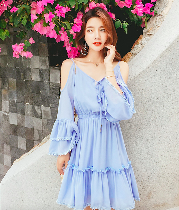 WD7643 Ruffle Cold Shoulder Dress Light Blue