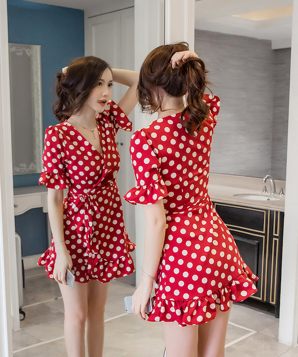 WD7646 Polka Dot Side Strap Dress Red