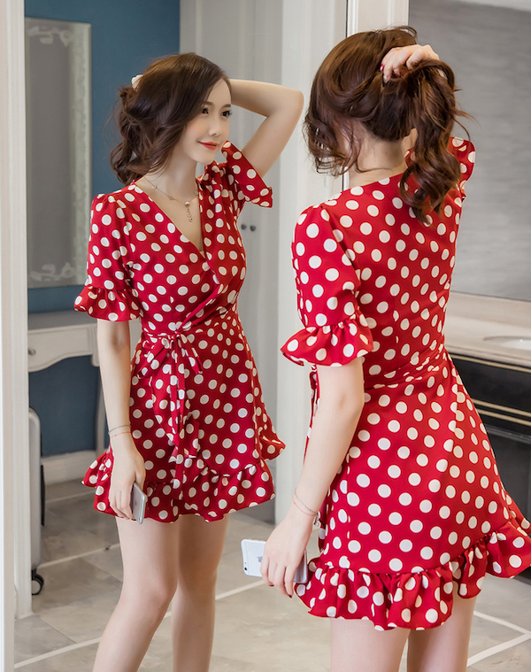 WD7646 Polka Dot Side Strap Dress Red