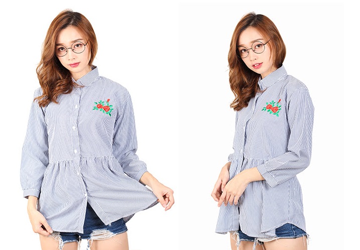 QA-458 Embroidery Shirt Blue Grey