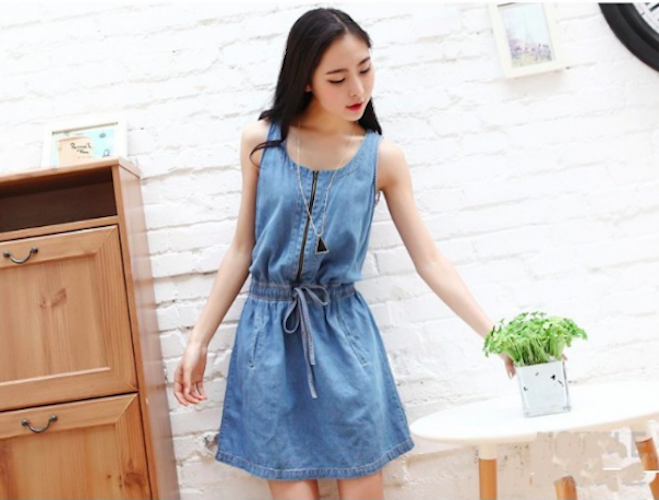WD21661 Trendy Denim Dress Blue